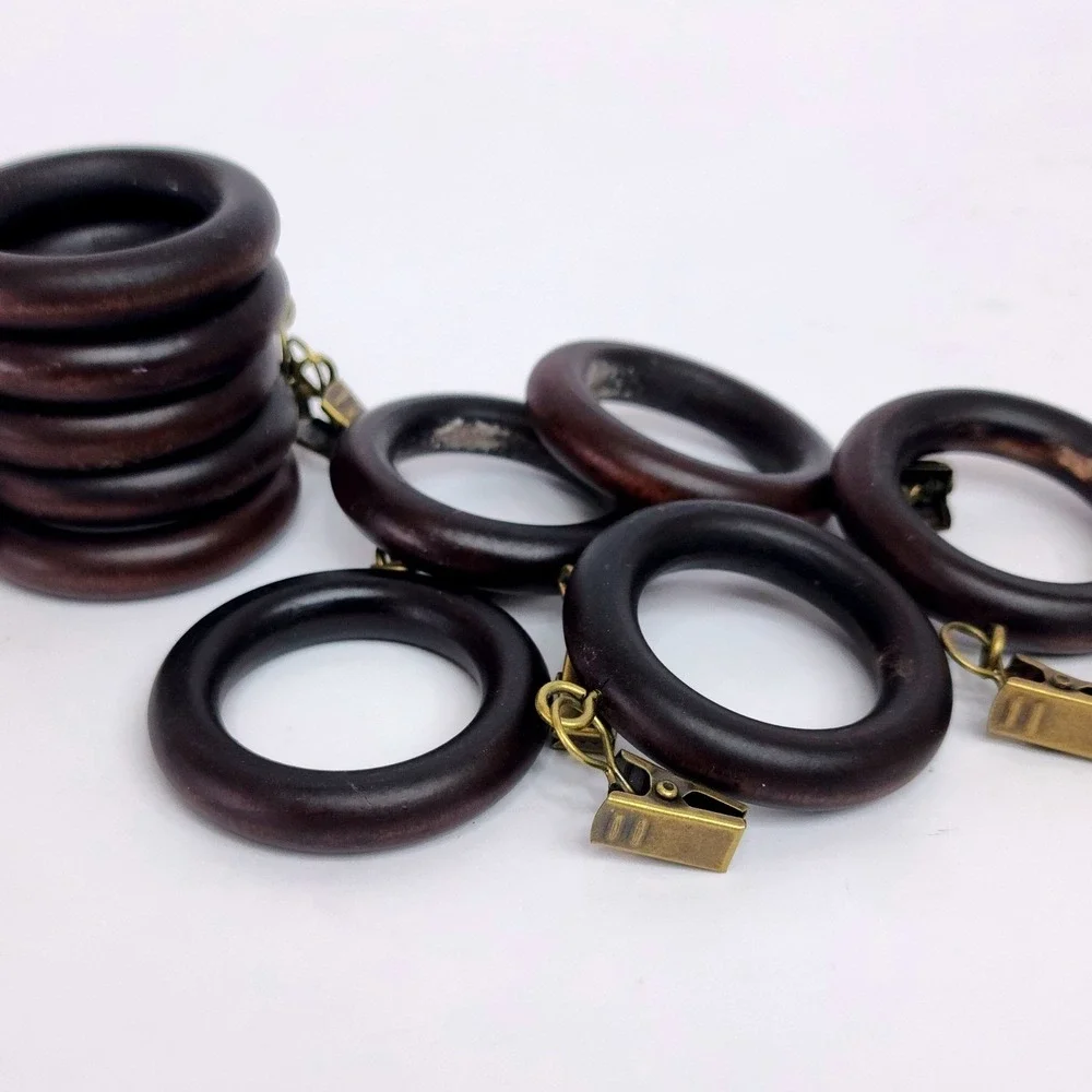 VTG 90s Dark Espresso Wood Curtain Rings with Clips Set of 10